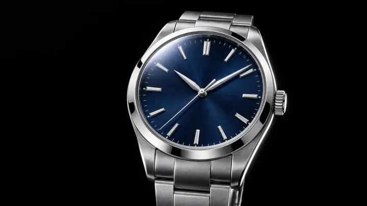 A steel watch with a blue dial, turning on a black background
